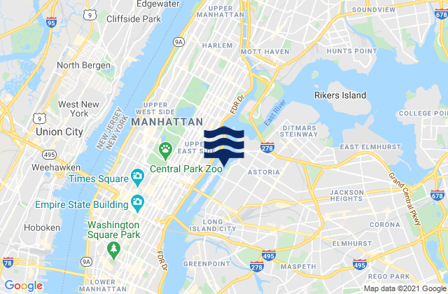 Mapa da tábua de marés em 37th Avenue, Long Island City, East River, United States