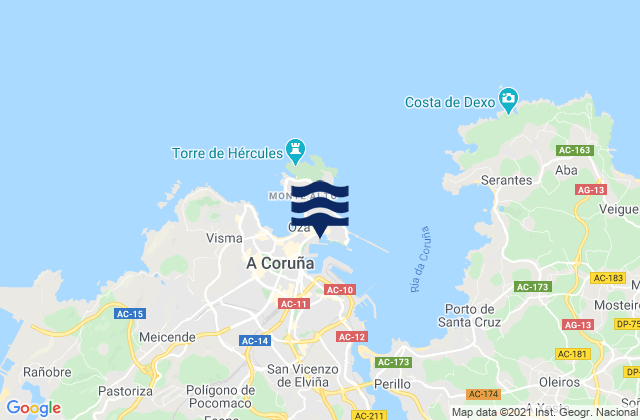 Mapa da tábua de marés em A Coruña, Spain