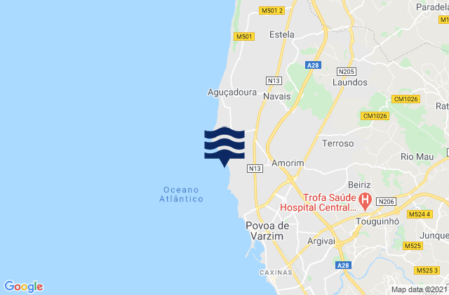 Mapa da tábua de marés em A Ver o Mar, Portugal