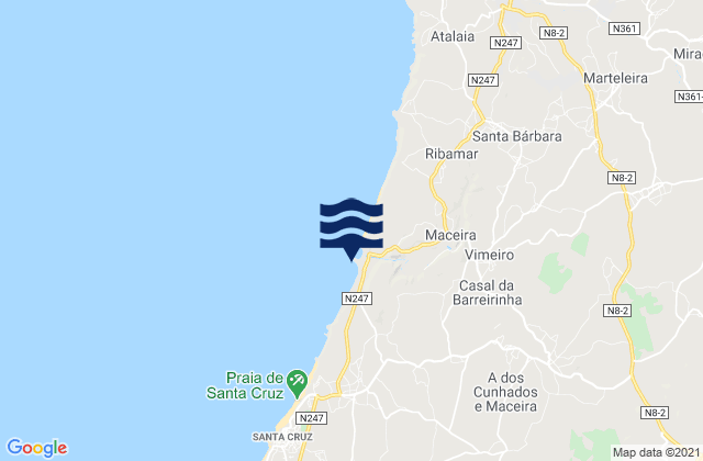 Mapa da tábua de marés em A dos Cunhados, Portugal