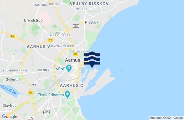 Mapa da tábua de marés em Aarhus Harbour, Denmark
