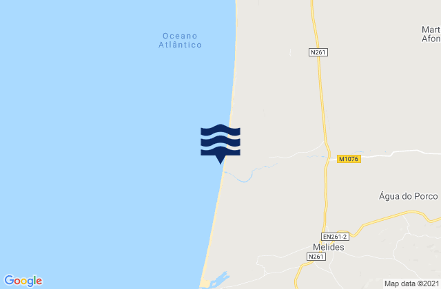 Mapa da tábua de marés em Aberta A Nova, Portugal