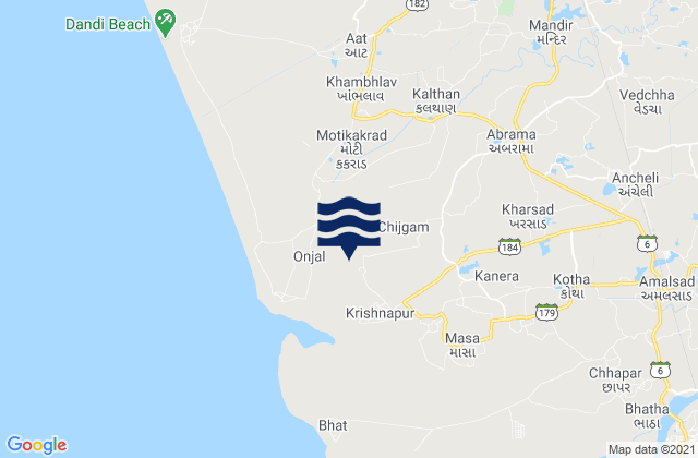 Mapa da tábua de marés em Abrama, India