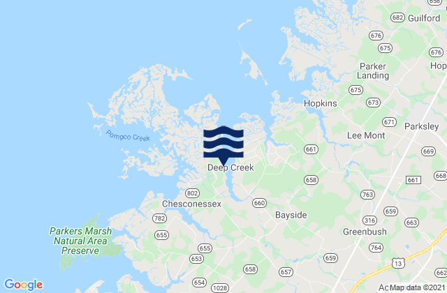 Mapa da tábua de marés em Accomack County, United States
