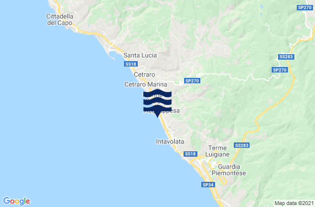 Mapa da tábua de marés em Acquappesa, Italy