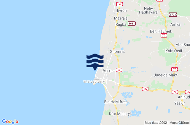 Mapa da tábua de marés em Acre, Israel