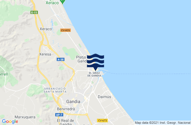 Mapa da tábua de marés em Ador, Spain