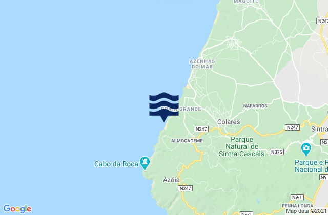 Mapa da tábua de marés em Adraga, Portugal