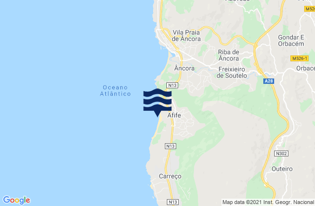 Mapa da tábua de marés em Afife, Portugal