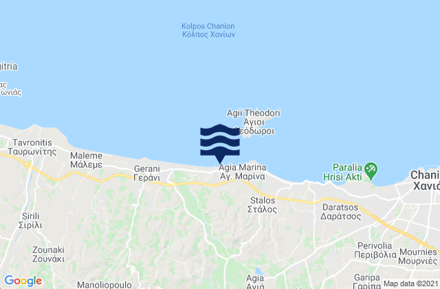 Mapa da tábua de marés em Agia Marina or Platanias, Greece