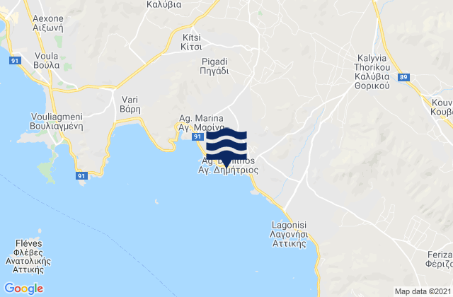 Mapa da tábua de marés em Agios Dimítrios Kropiás, Greece