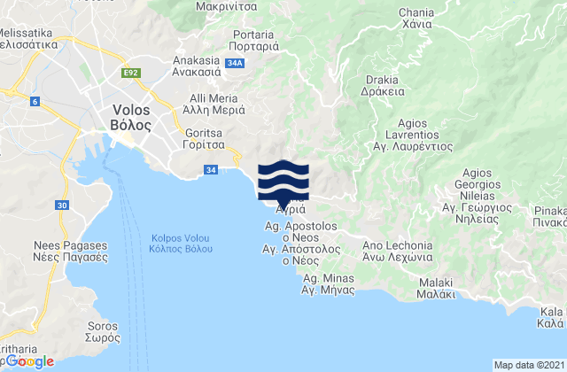Mapa da tábua de marés em Agriá, Greece