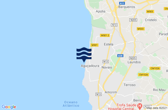 Mapa da tábua de marés em Aguçadoura, Portugal
