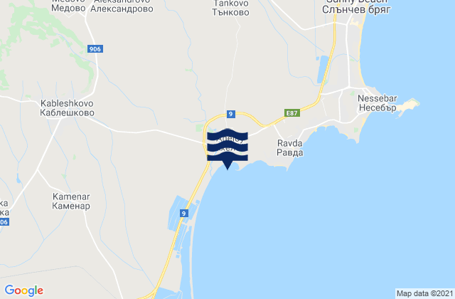 Mapa da tábua de marés em Aheloy, Bulgaria