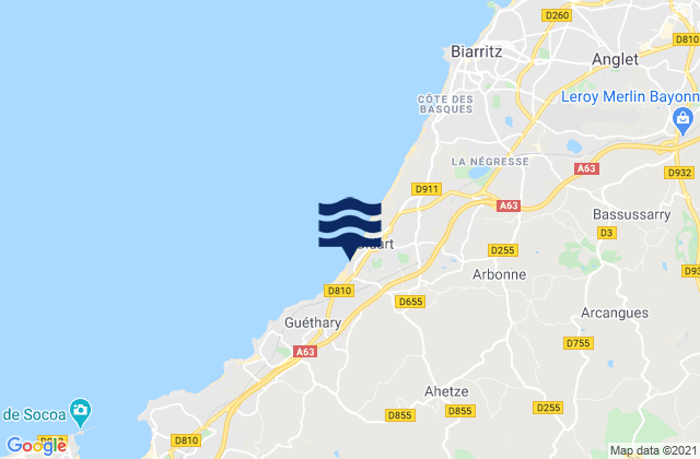Mapa da tábua de marés em Ahetze, France