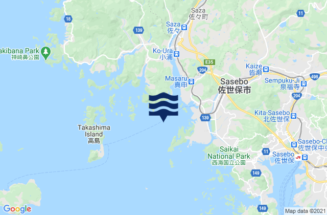 Mapa da tábua de marés em Ainoura, Japan