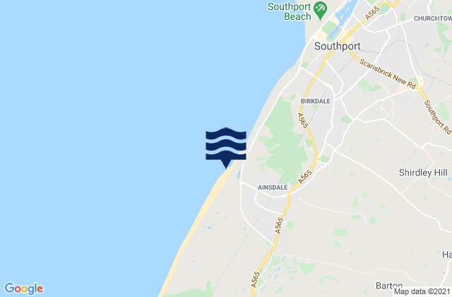 Mapa da tábua de marés em Ainsdale Beach, United Kingdom
