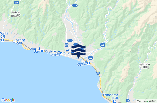 Mapa da tábua de marés em Aki Shi, Japan