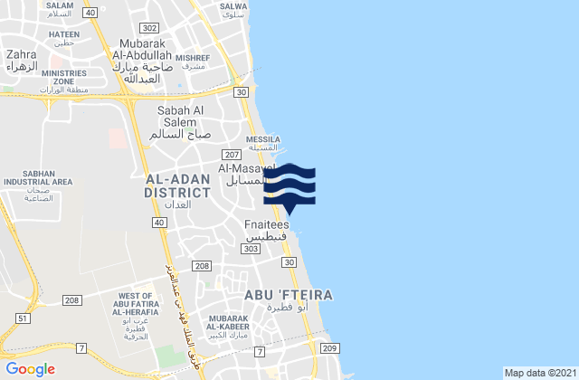 Mapa da tábua de marés em Al Funayţīs, Kuwait