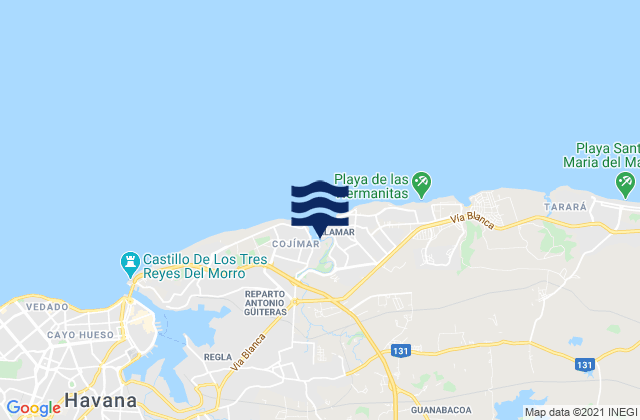 Mapa da tábua de marés em Alamar, Cuba