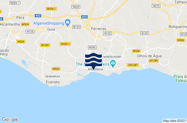 Mapa da tábua de marés em Albufeira, Portugal