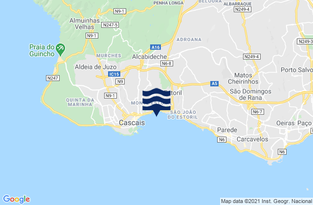 Mapa da tábua de marés em Alcabideche, Portugal