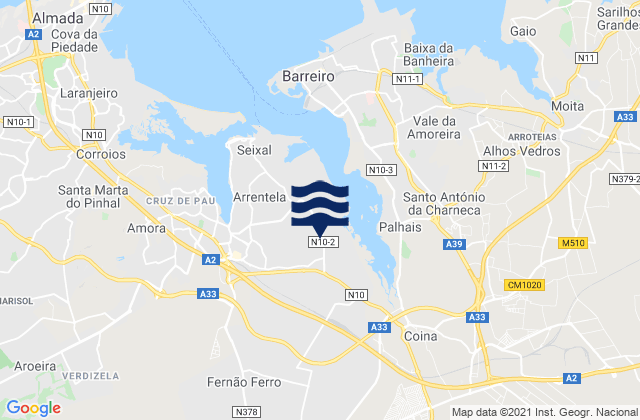 Mapa da tábua de marés em Aldeia de Paio Pires, Portugal
