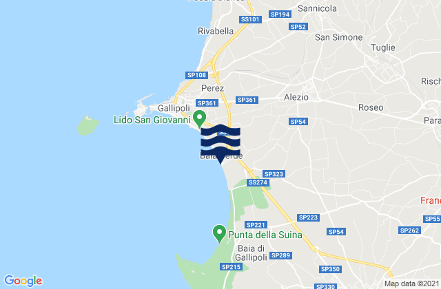 Mapa da tábua de marés em Alezio, Italy