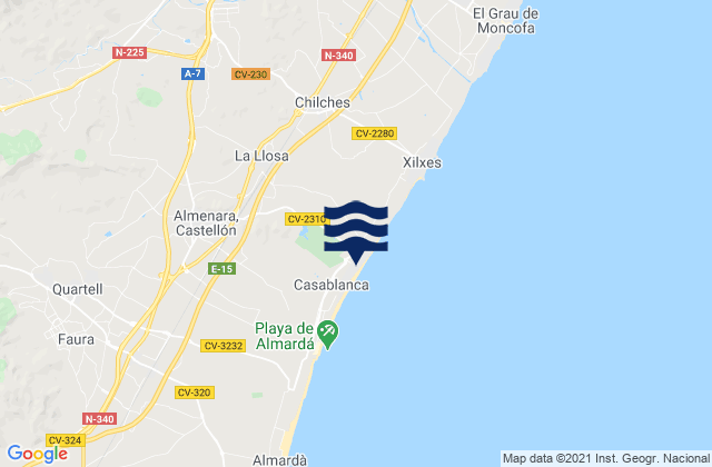 Mapa da tábua de marés em Alfondeguilla, Spain
