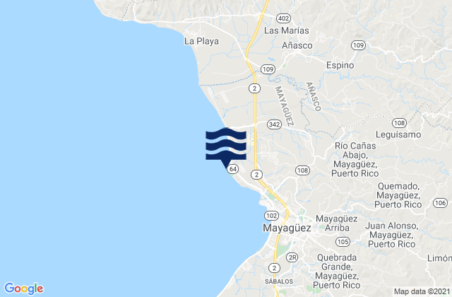 Mapa da tábua de marés em Algarrobos Barrio, Puerto Rico