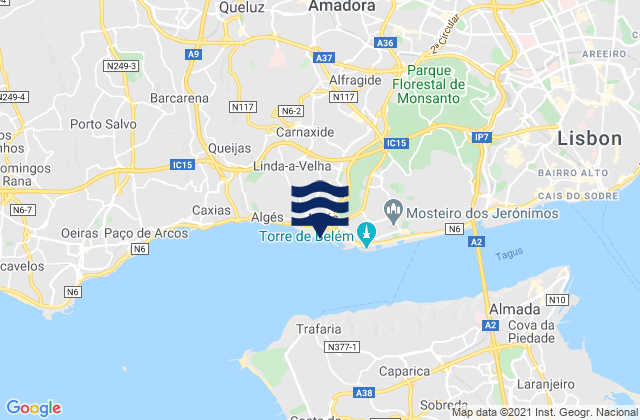 Mapa da tábua de marés em Algés, Portugal