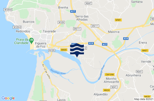 Mapa da tábua de marés em Alhadas, Portugal
