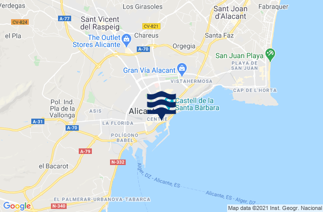 Mapa da tábua de marés em Alicante, Spain