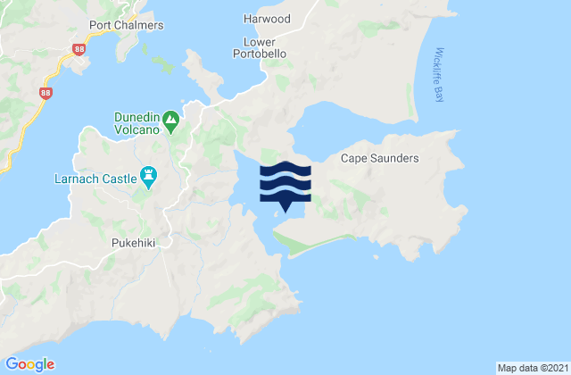 Mapa da tábua de marés em Allans Beach, New Zealand