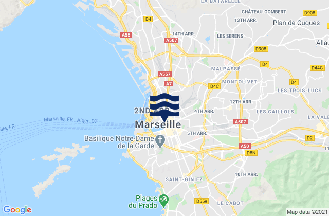 Mapa da tábua de marés em Allauch, France