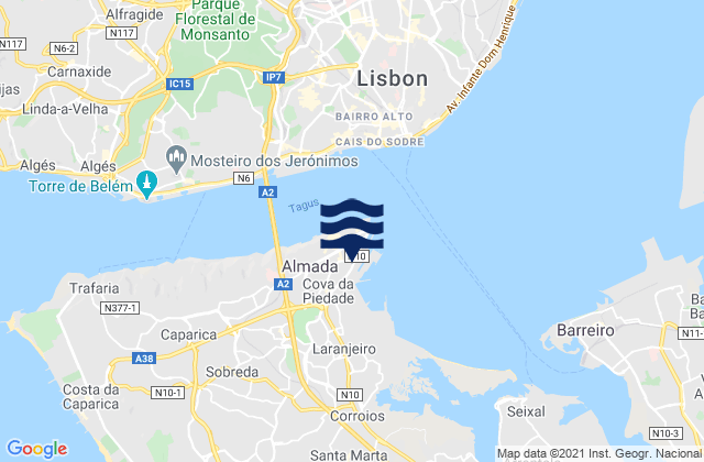 Mapa da tábua de marés em Almada, Portugal