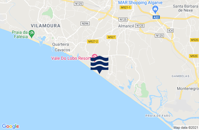 Mapa da tábua de marés em Almancil, Portugal