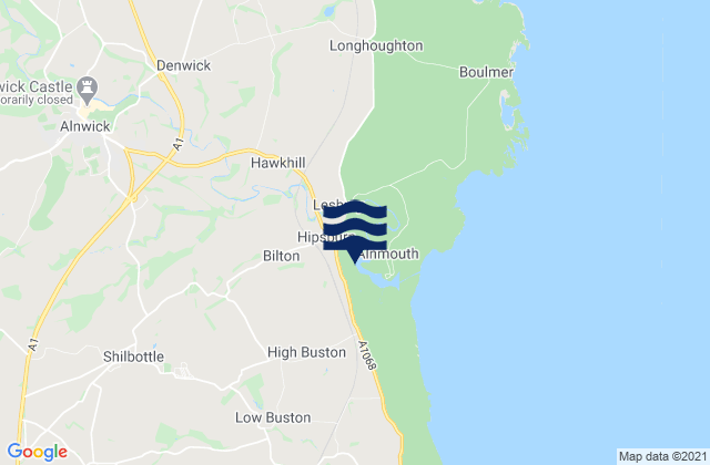 Mapa da tábua de marés em Alnwick, United Kingdom