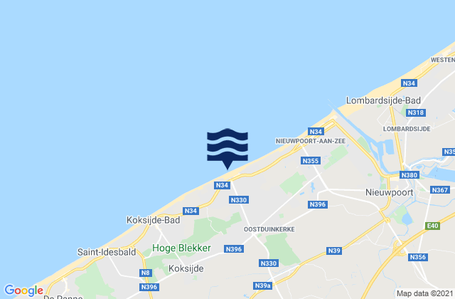Mapa da tábua de marés em Alveringem, Belgium