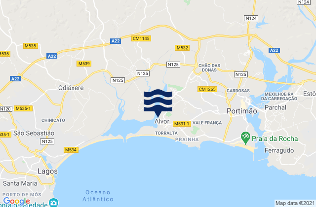Mapa da tábua de marés em Alvor, Portugal