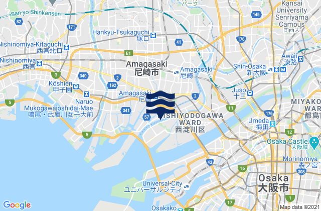 Mapa da tábua de marés em Amagasaki, Japan