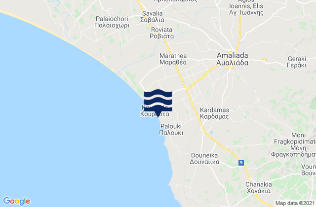 Mapa da tábua de marés em Amaliáda, Greece