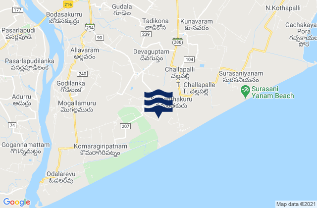 Mapa da tábua de marés em Amalāpuram, India