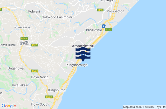 Mapa da tábua de marés em Amanzimtoti, South Africa