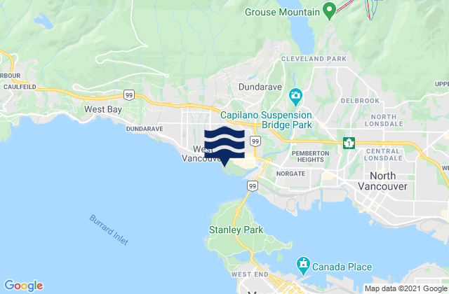 Mapa da tábua de marés em Ambleside Beach, Canada