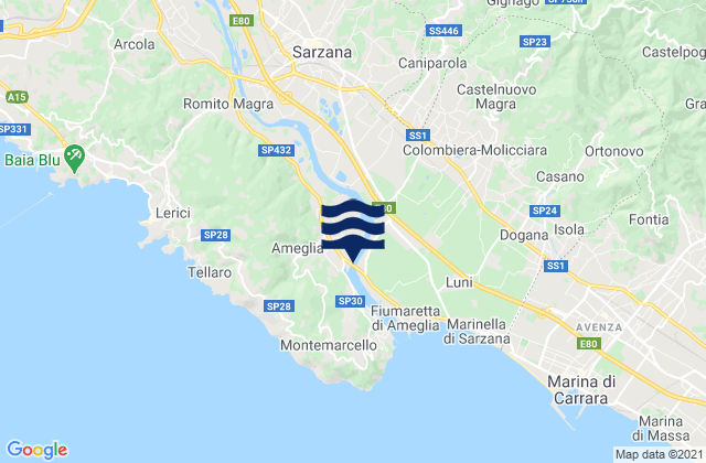 Mapa da tábua de marés em Ameglia, Italy