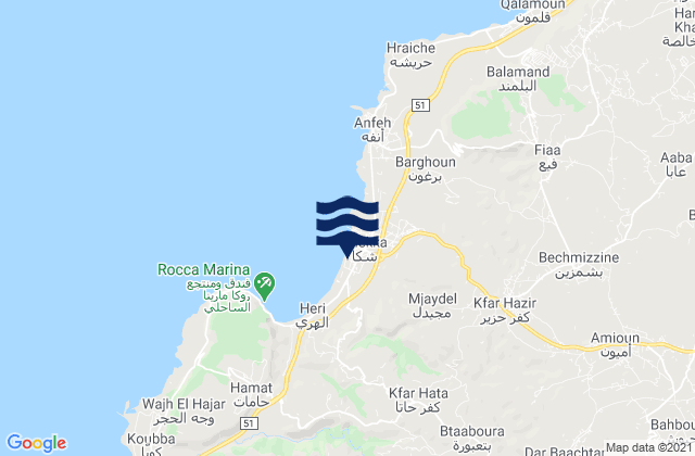 Mapa da tábua de marés em Amioûn, Lebanon