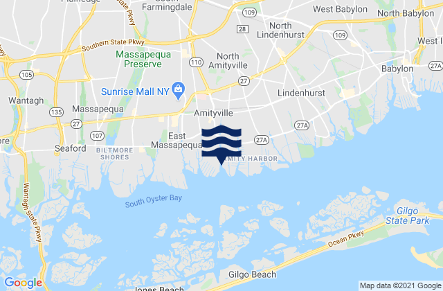 Mapa da tábua de marés em Amityville, United States