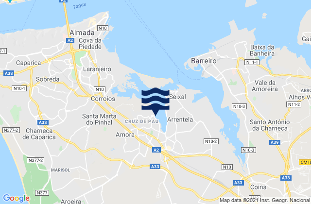 Mapa da tábua de marés em Amora, Portugal