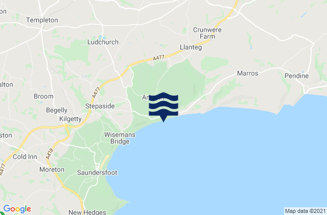 Mapa da tábua de marés em Amroth Beach, United Kingdom